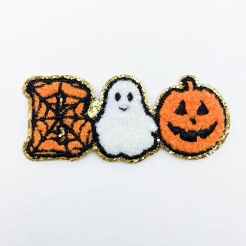 Custom Chenille Embroidery Patches – Halloween Pumpkin & Ghost Design for Bags