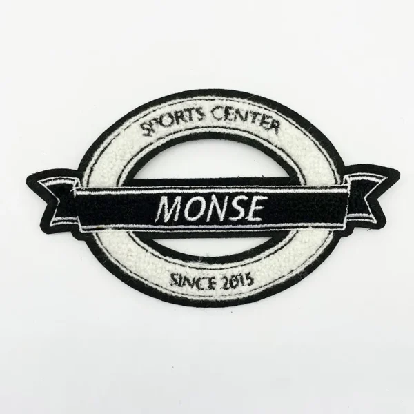 Custom Chenille Patches for Varsity Jackets – White Circular Design with Black Ribbon Details