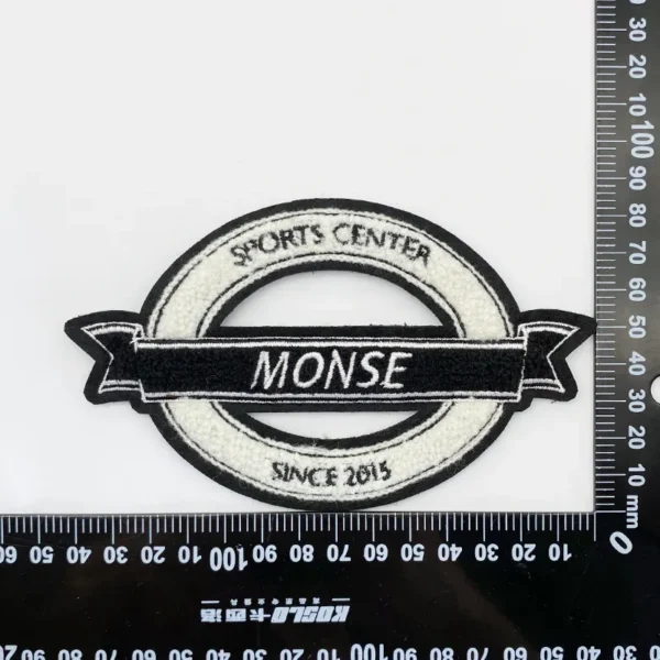 Custom Chenille Patches for Varsity Jackets – White Circular Design with Black Ribbon Details - 이미지 4