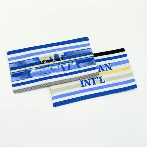 Iron-On Woven Patch for Backpacks – Blue and White Stripes Rectangular Design - Imagem 2