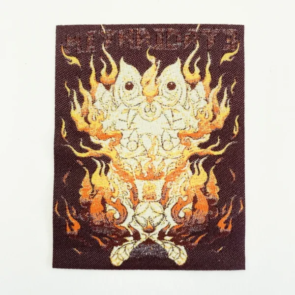 Stahls Woven Patches for Hats – Red-Brown Rectangle with Yellow Flame Design