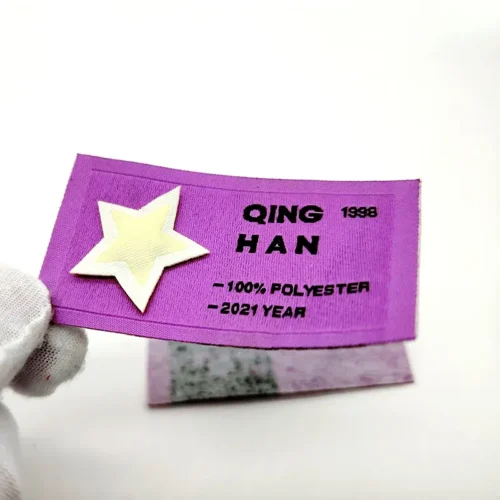 Custom Woven Labels for Backpacks – Purple Base with Black Text and Yellow Star