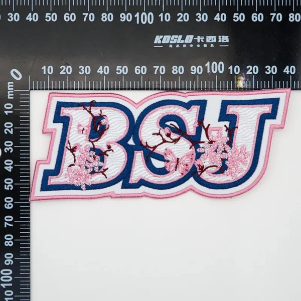 Custom Embroidered Patches Logo – Pink Edge, Blue Letter Embroidery - Image 4