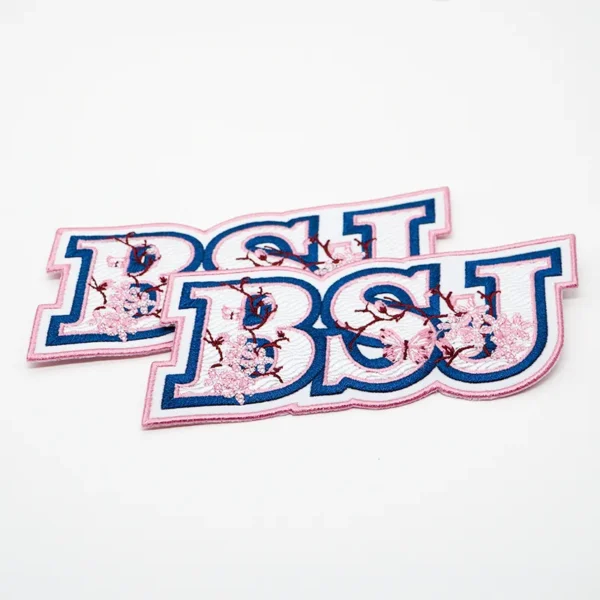 Custom Embroidered Patches Logo – Pink Edge, Blue Letter Embroidery - Image 3