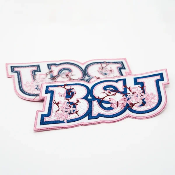Custom Embroidered Patches Logo – Pink Edge, Blue Letter Embroidery - Image 2