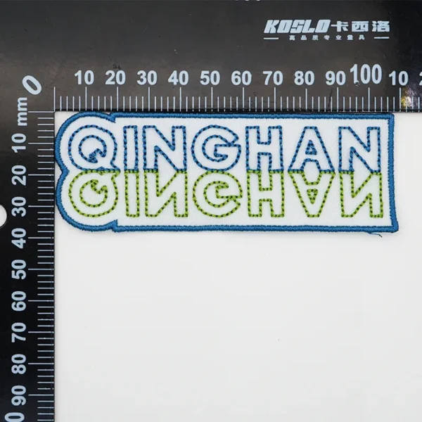 Embroidered Hat Patches – Blue and Green Text Stripes - Image 4