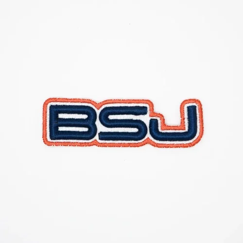 Patches de logotipo bordados – texto laranja em preenchimento azul marinho