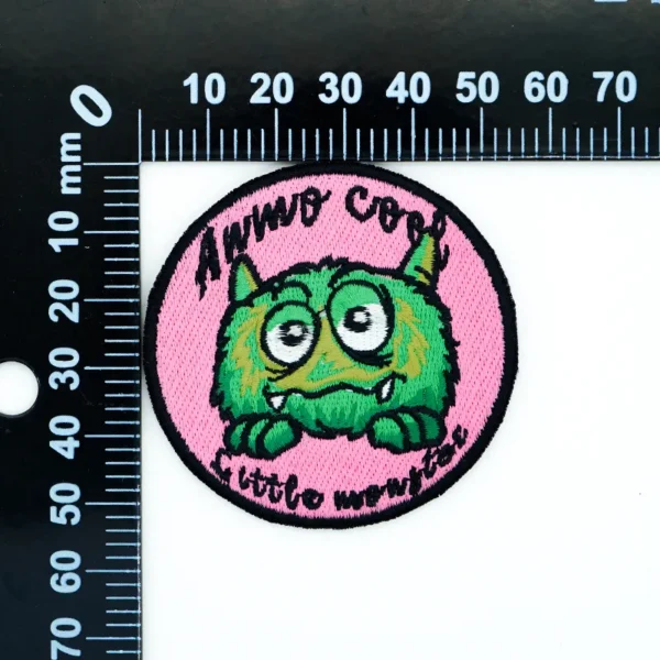 Cute Embroidered Patches – Green Monster with Pink Background - Imagen 5