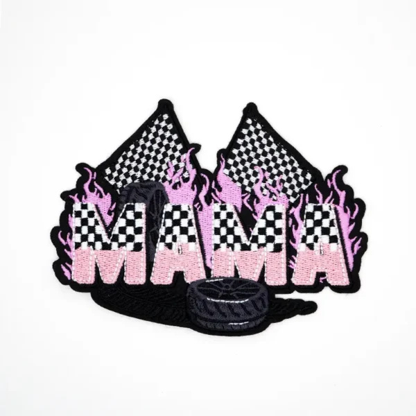 Embroidered Heat Press Patches – “MAMA” Racing Theme with Flags, Flames & Tire