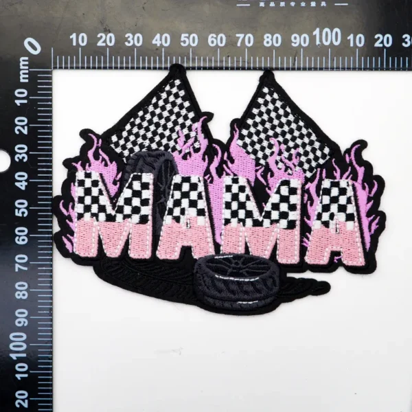 Embroidered Heat Press Patches – “MAMA” Racing Theme with Flags, Flames & Tire - immagine 5