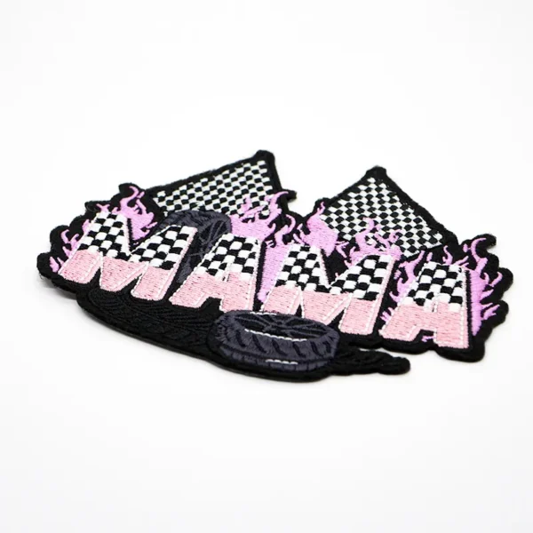 Embroidered Heat Press Patches – “MAMA” Racing Theme with Flags, Flames & Tire - immagine 4