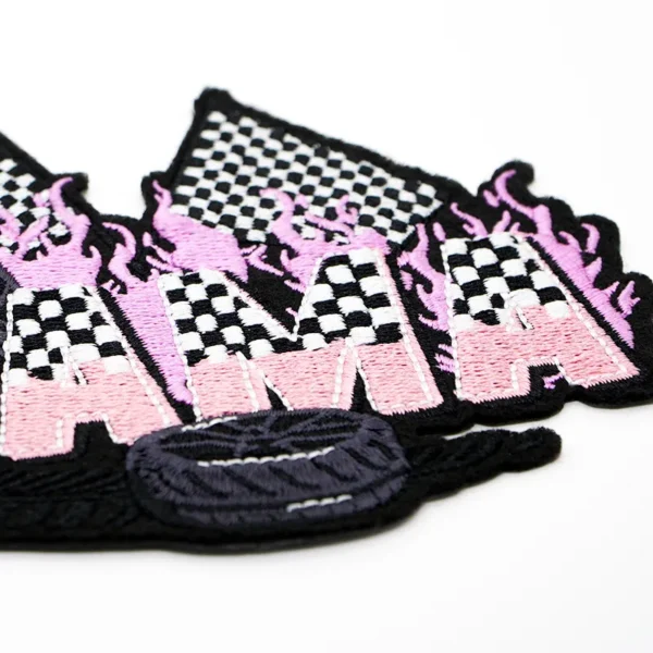 Embroidered Heat Press Patches – “MAMA” Racing Theme with Flags, Flames & Tire - immagine 2