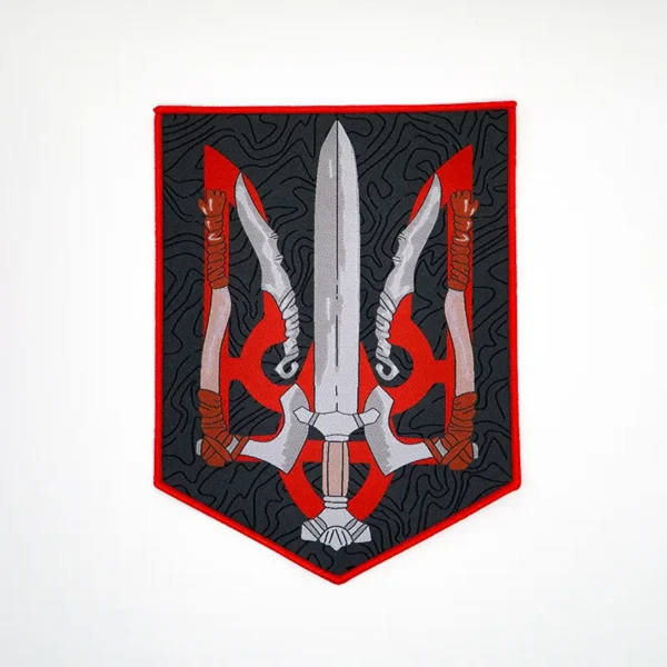 Heat Press Woven Labels with Sword & Weapon Design