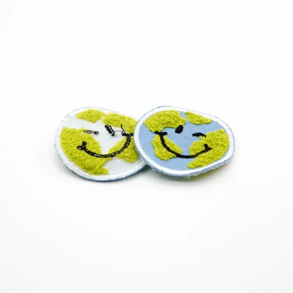 Iron On Logo Patch – Earth Smiley Embroidered for Hats - immagine 2